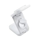 A foldable white phone stand with a circular magnetic holder and USB-C port.