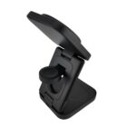 Black foldable phone stand with adjustable hinge, shown from a side angle.
