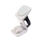 White 3-in-1 wireless charging stand for phone, smartwatch, and earbuds.