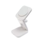 White foldable wireless charging stand with two charging pads on a plain white background.