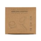 Brown box for a 3-in-1 magnetic wireless charging folding stand with simple line drawings.