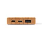 Front view of a rectangular bamboo device with three different USB ports.