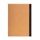 Brown notebook with a black spine on a white background.