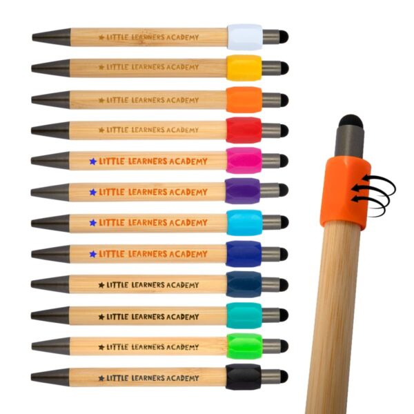 Twelve bamboo pens with colorful grips and stylus tips, labeled LITTLE LEARNERS ACADEMY.