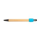 Wooden pen with black tip and a blue grip, shown on a white background.