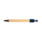 A wooden pen with a black tip and a blue grip, lying horizontally on a white background.