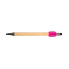 A wooden pen with a black tip and a pink grip on the upper end.