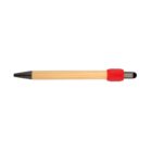 Wooden pen with black tip and red grip, isolated on a white background.