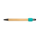 A wooden pen with a teal grip and black tip, shown on a white background.