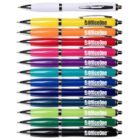 Twelve colorful OfficeOne pens arranged in a row, plus one white pen above them.