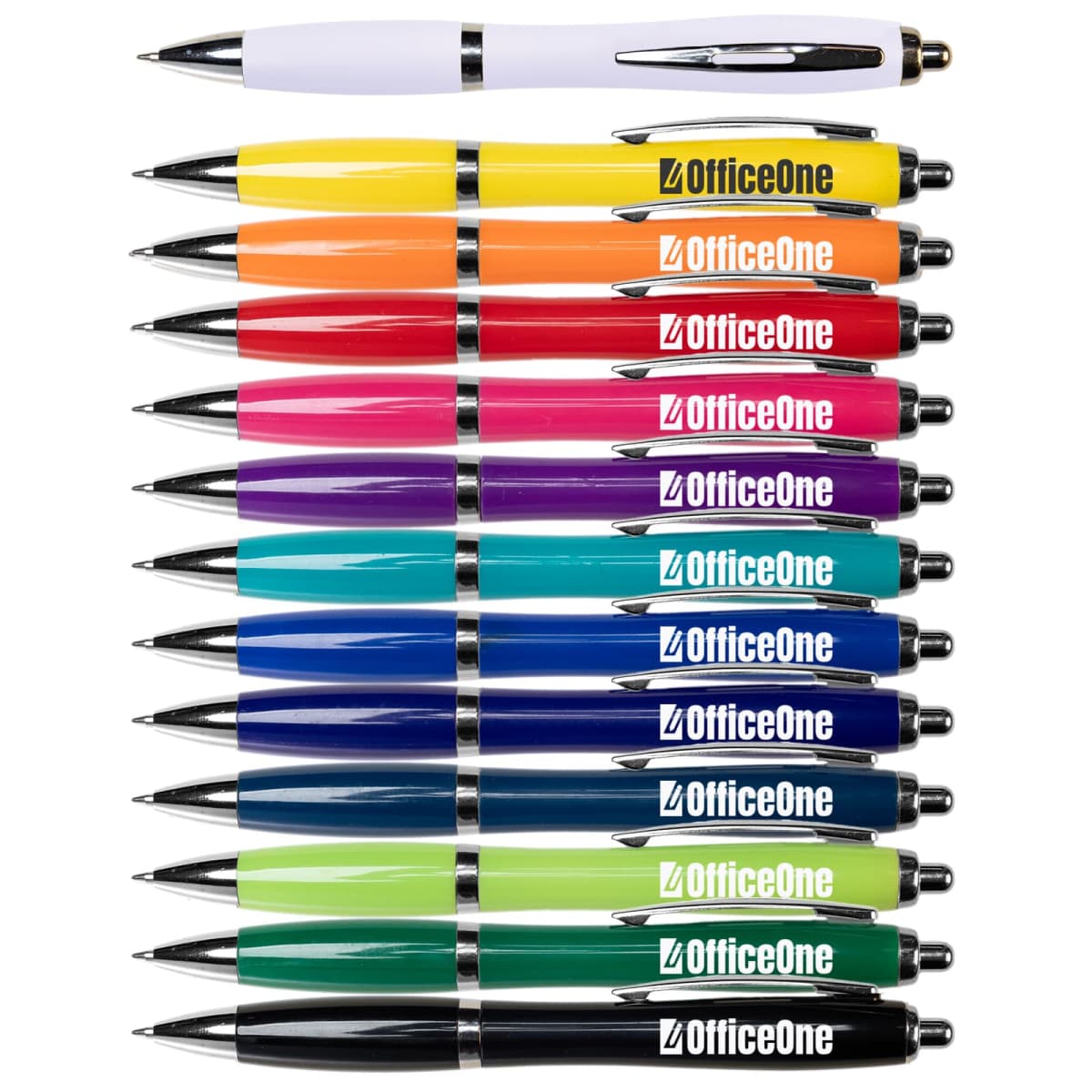 Twelve colorful OfficeOne pens arranged in a row, plus one white pen above them.