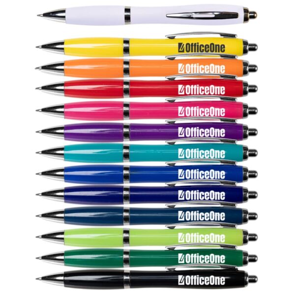 Thirteen colorful OfficeOne pens arranged in a row, with one white pen above them.