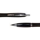 A black ballpoint pen shown with tip out and retracted against a white background.