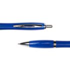 Two blue retractable ballpoint pens, one showing the tip and one showing the clip.