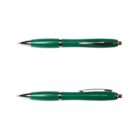 Two green ballpoint pens with silver accents, shown from different angles on a white background.