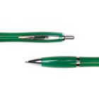 Two green ballpoint pens, one with the tip retracted and one with the tip extended.
