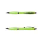 Two views of a green ballpoint pen with silver accents on a white background.
