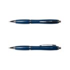 Two blue ballpoint pens with silver accents, shown from top and side views on white background.