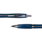 A blue retractable ballpoint pen shown from the side and with the tip extended.