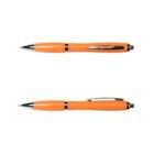 Two orange ballpoint pens shown from top and side views on a white background.