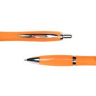 Two orange ballpoint pens with silver accents on a white background.