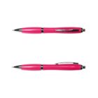 Two pink ballpoint pens with silver accents shown from different angles on a white background.