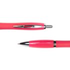 Two views of a pink retractable ballpoint pen with silver accents on a white background.
