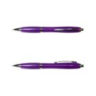 Two views of a purple ballpoint pen with silver accents on a white background.