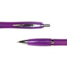 Two views of a purple retractable ballpoint pen on a white background.