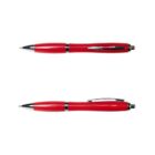 Two red ballpoint pens with silver clips, shown from different angles on a white background.