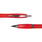 Red ballpoint pen with silver clip and tip, shown from side and top views on white background.