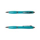 Two turquoise ballpoint pens with silver accents, shown from different angles on a white background.