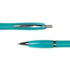 Two turquoise ballpoint pens, one capped and one with the tip extended, on a white background.