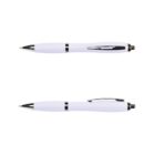 Two white ballpoint pens with silver clips, shown from top and side views on a white background.