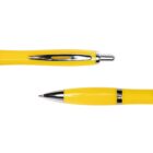 Two yellow ballpoint pens, one closed and one open, on a white background.