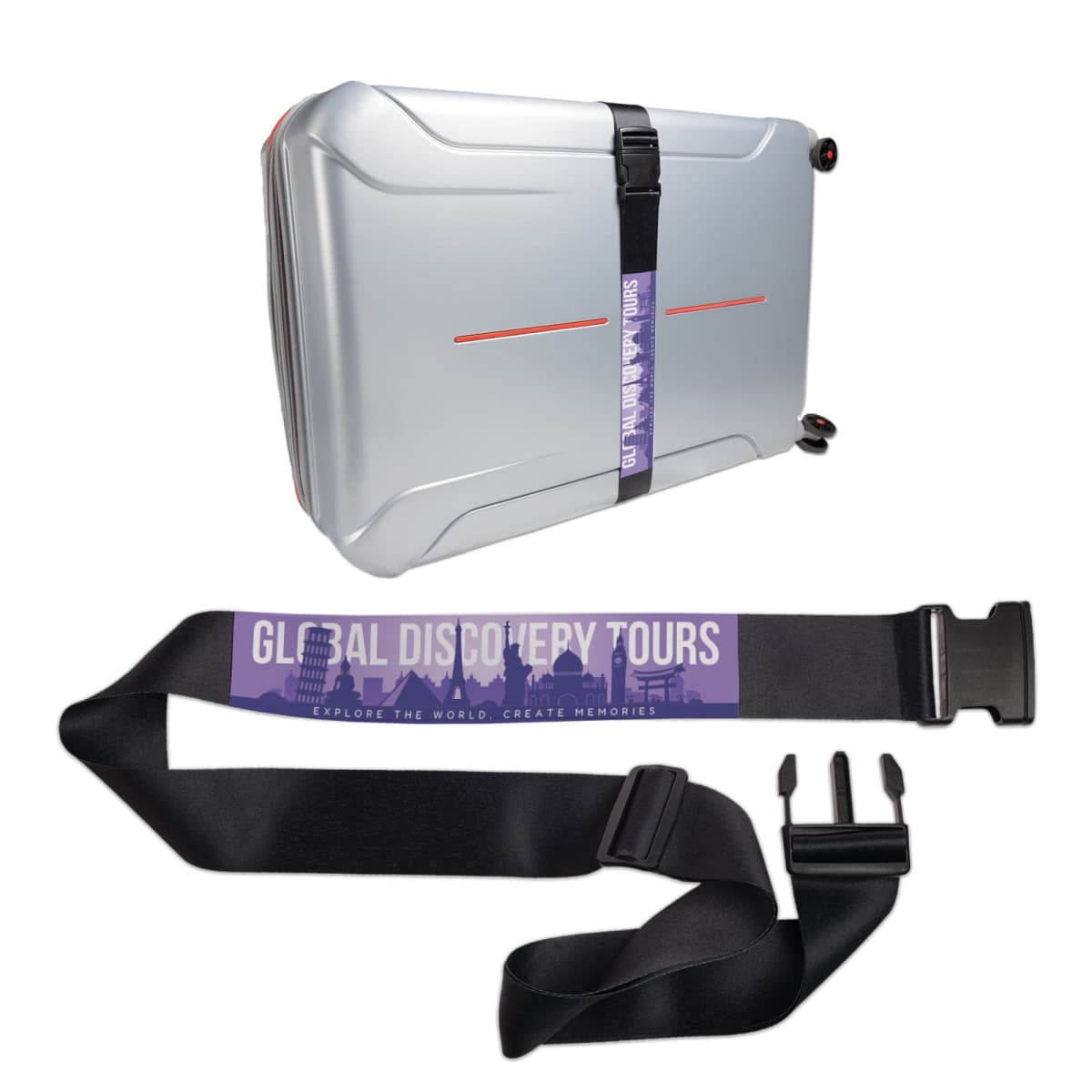 A suitcase secured with a black Global Discovery Tours luggage strap with buckle.