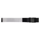 A black and white reflective belt with a plastic buckle, laid flat on a white background.