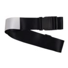 Black and white belt with a black plastic buckle, laid flat on a white background.