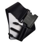 A black seat belt with its buckle, rolled up against a white background.