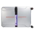 Silver suitcase with black strap and purple Global Discovery Tours label, viewed from above.