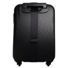 Black hard-shell suitcase with a central strap, four wheels, and a top handle.