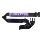 Black luggage strap with a purple Global Discovery Tours label and plastic buckle.