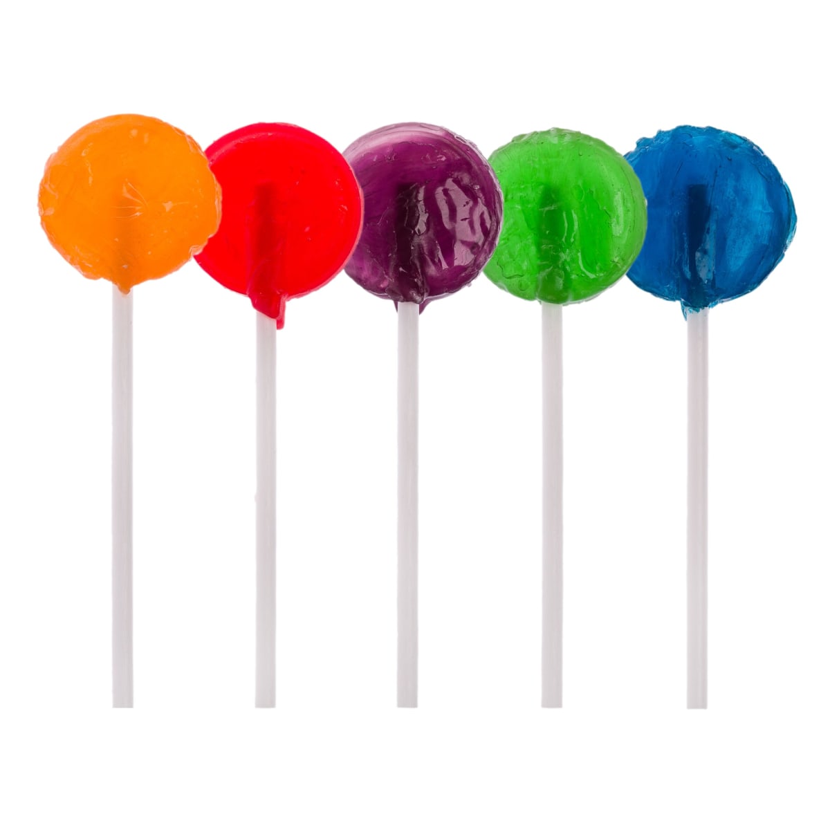 Five colorful lollipops in orange, red, purple, green, and blue on white sticks.