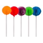 Five colorful lollipops in orange, red, purple, green, and blue on white sticks.