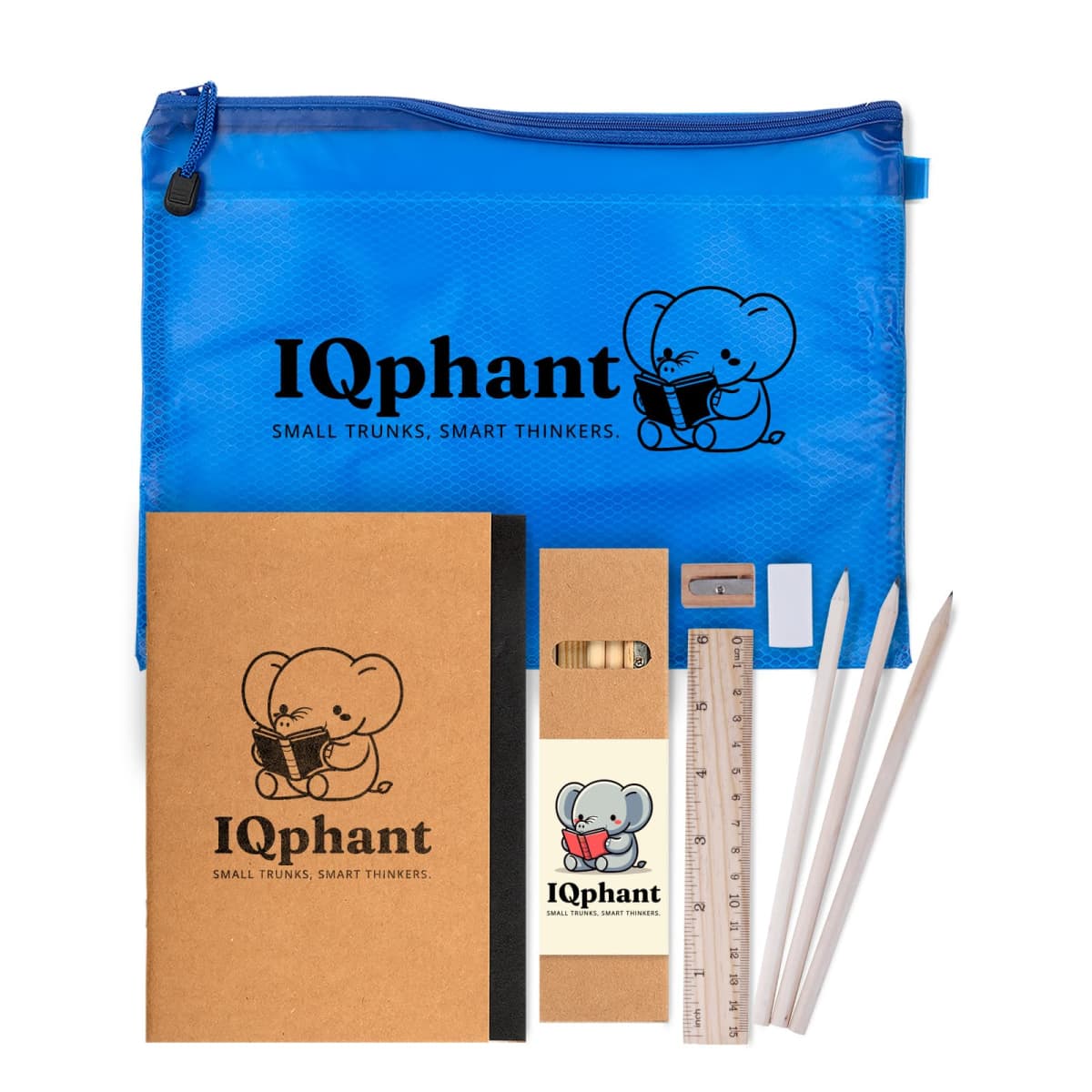 Blue pouch with IQphant logo, notebook, pencils, ruler, eraser, sharpener, and USB drive.