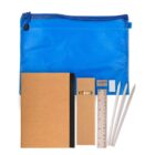 Blue zipper pouch with notebooks, pencils, ruler, eraser, and sharpener arranged below it.
