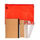 Red zippered pouch with notebook, ruler, pencils, sharpener, eraser, and other stationery items.