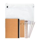 Stationery set with a notebook, pencils, ruler, eraser, sharpener, and a white zipper pouch.