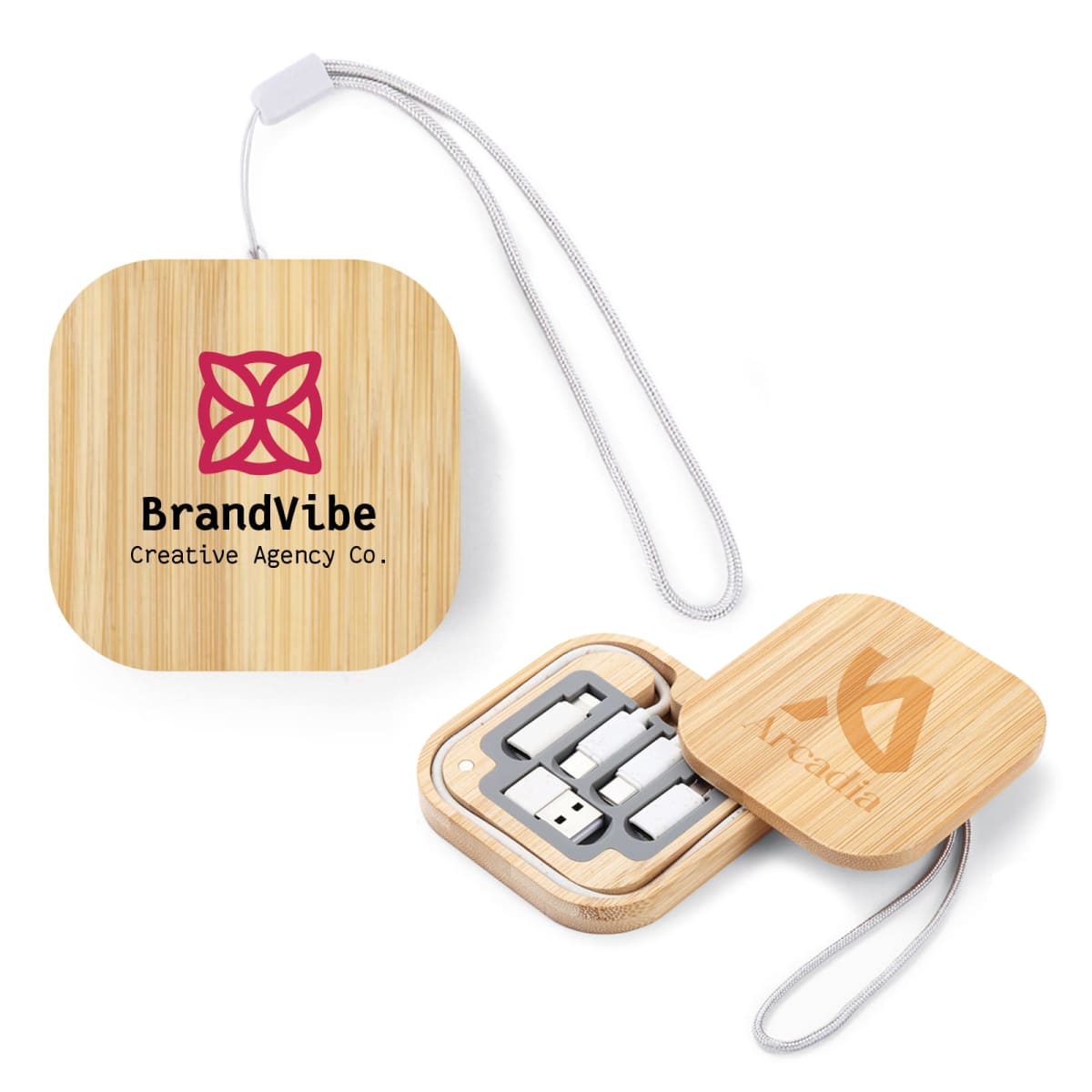 Square bamboo case with logo, containing various USB connectors and a wrist strap.