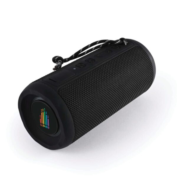 Black portable Bluetooth speaker with a mesh exterior and a small carrying strap attached.
